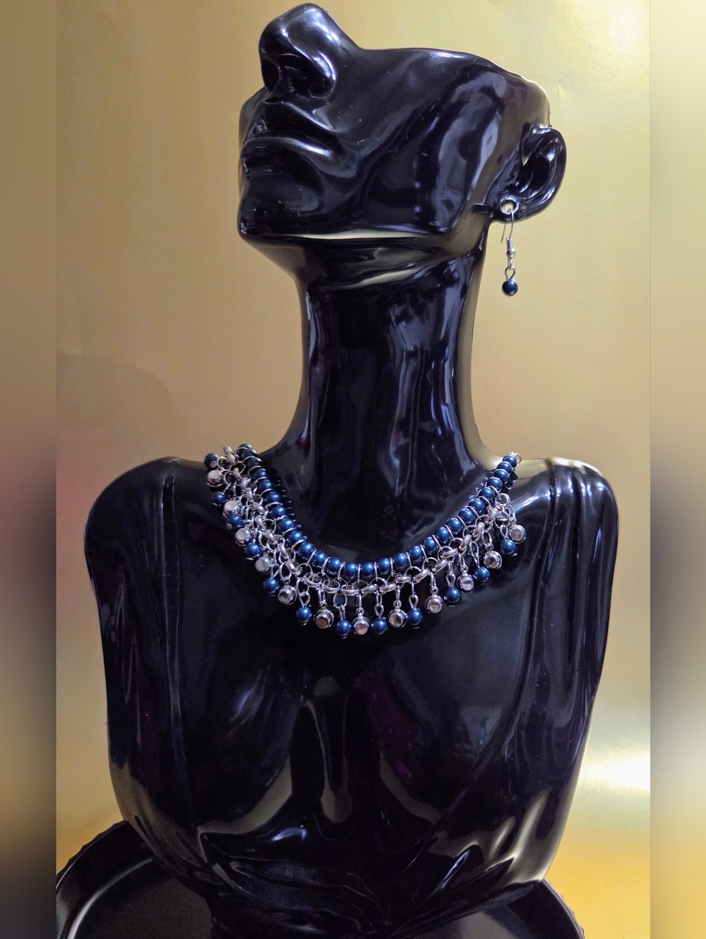Handcrafted Blue Beaded Statement Necklace with Matching Earring